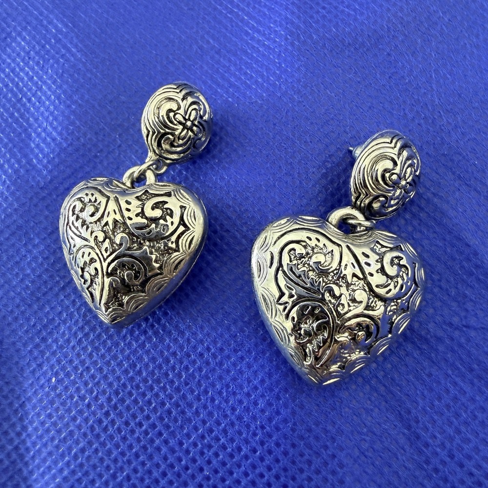Vintage Style Silver Tone Puffy Heart Dangle Earrings Statement Boho Scroll